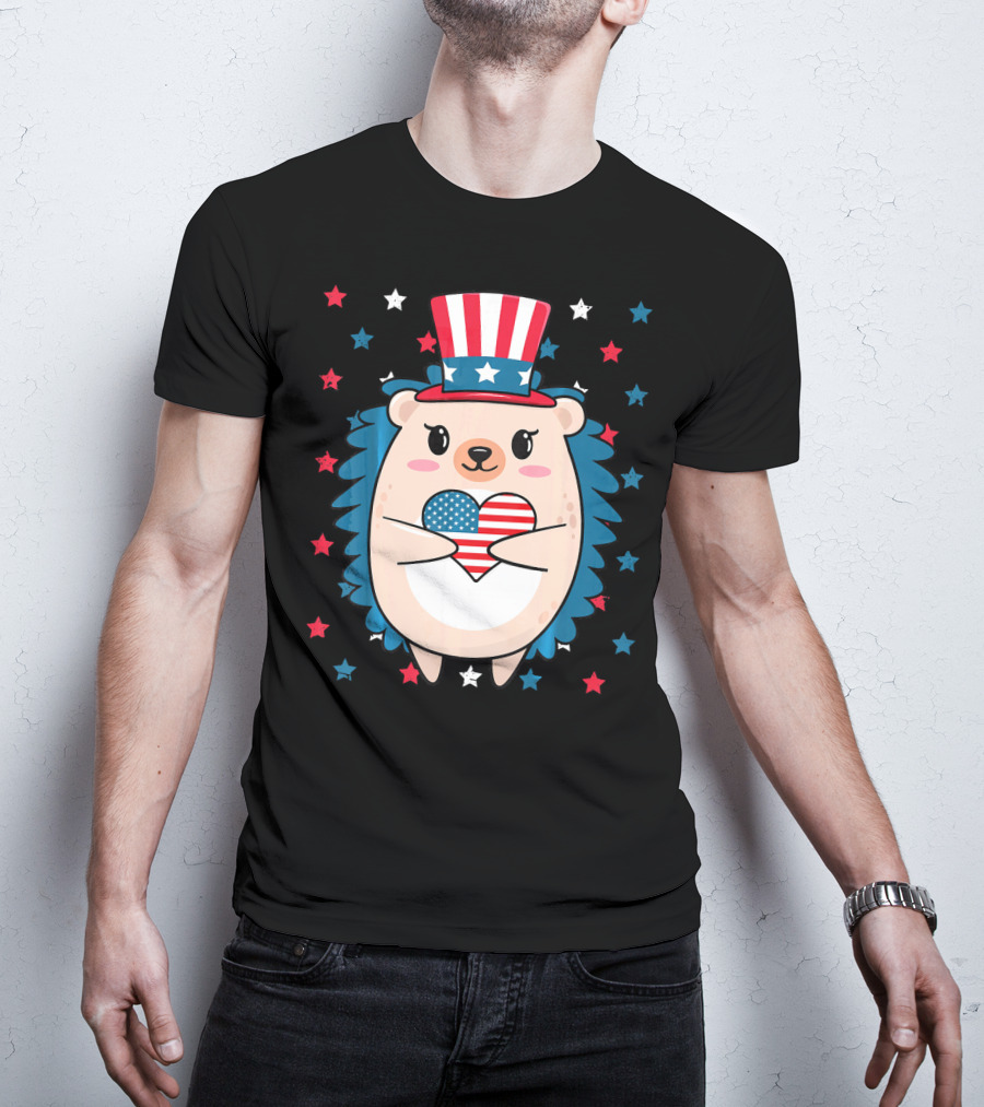 Hedgehog Patriotic Stars Uncle Sam Hat Holding USA Flag Heart T-Shirt