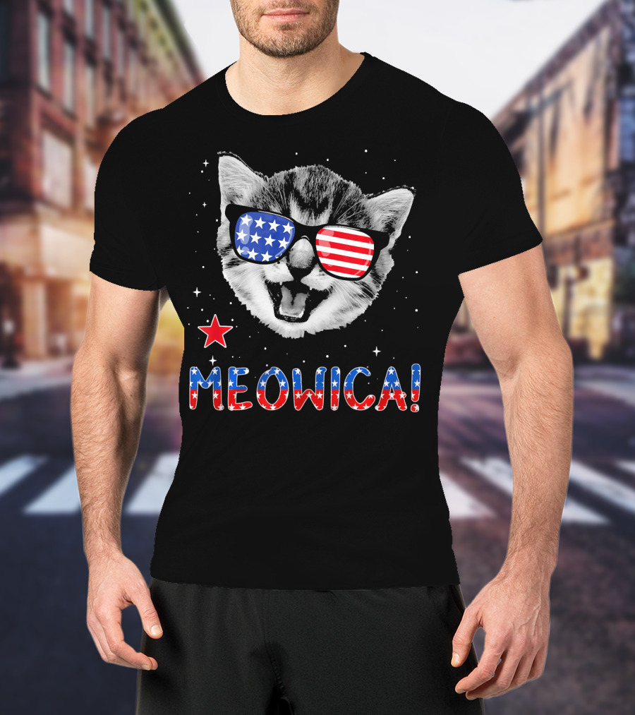 Meowica Cat With American Flag Glasses And Stars T-Shirt