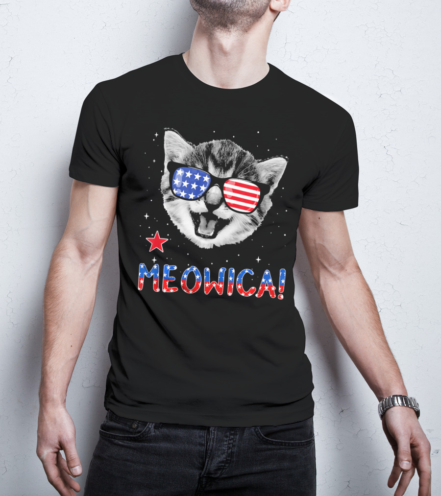 Meowica Cat With American Flag Glasses And Stars T-Shirt