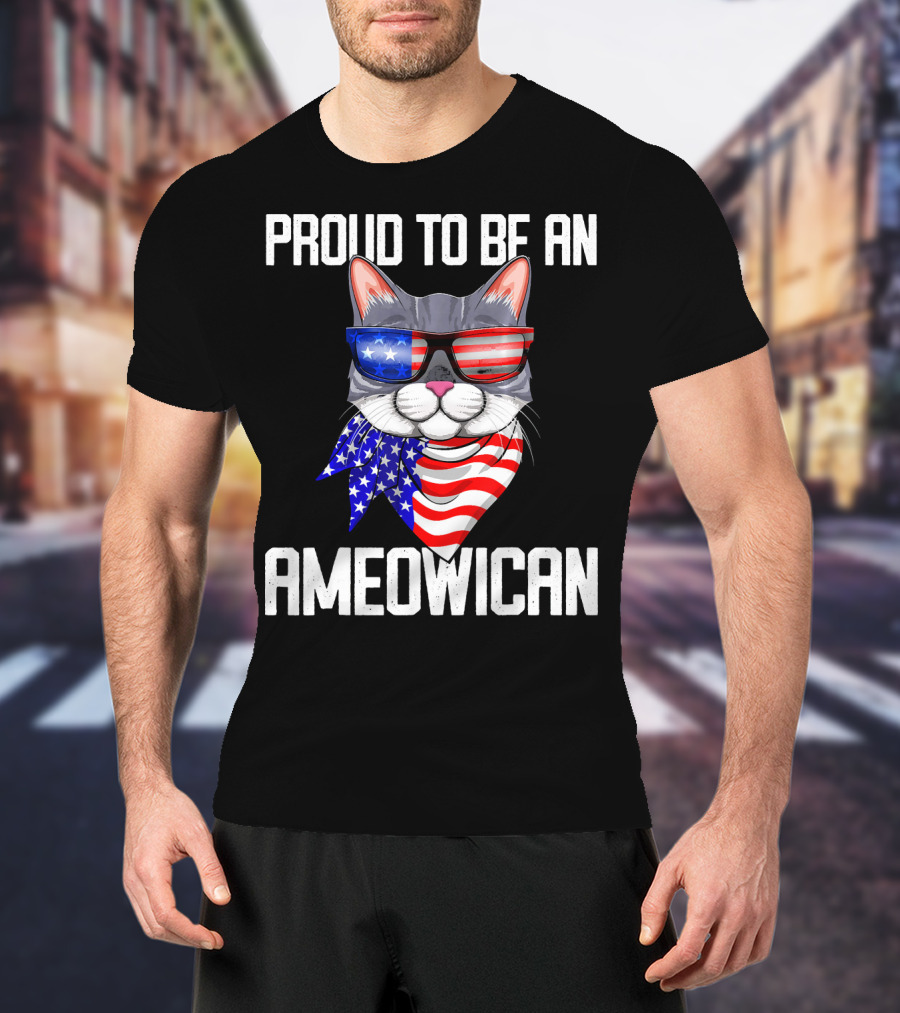 Proud To Be An Ameowican Cat With American Flag Glasses And Scarf T-Shirt