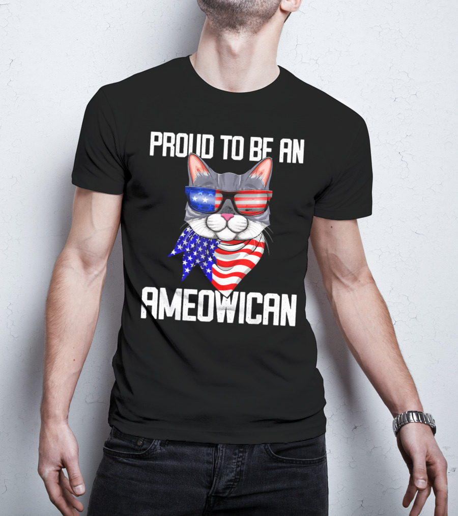 Proud To Be An Ameowican Cat With American Flag Glasses And Scarf T-Shirt