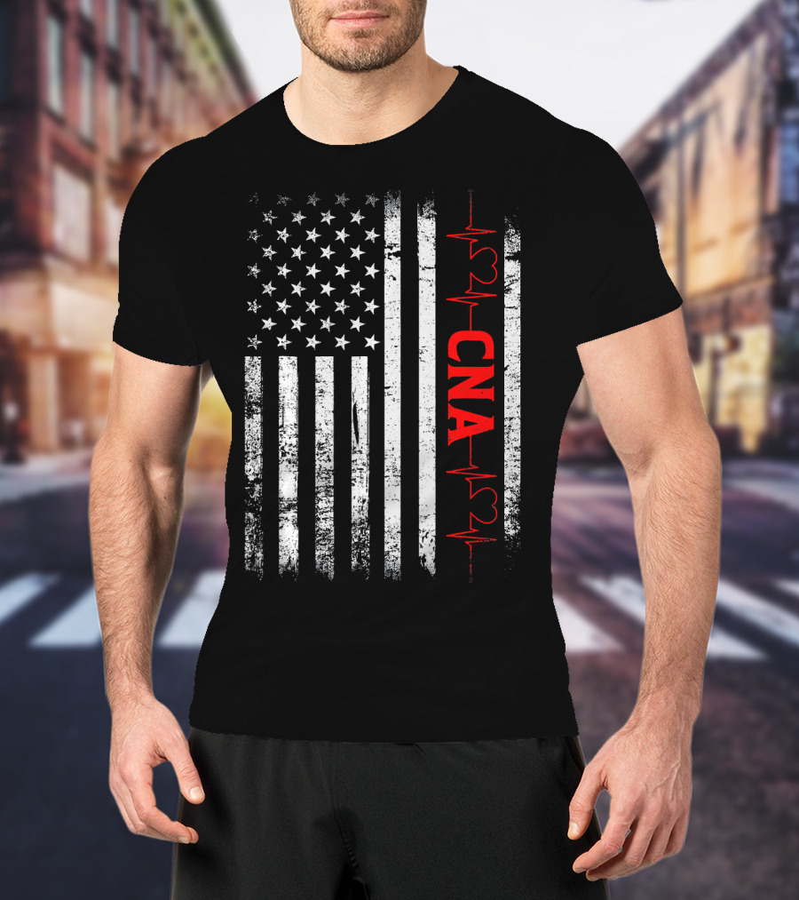 American Flag Heartbeat Red CNA Patriotic Nurse T-Shirt