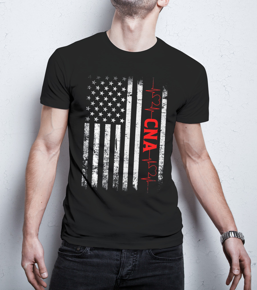 American Flag Heartbeat Red CNA Patriotic Nurse T-Shirt