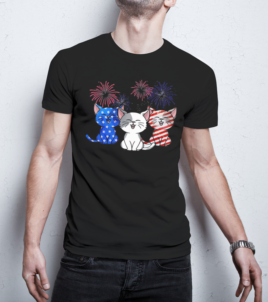 Funny Cat Fourth Of July Fireworks American Flag T-Shirt