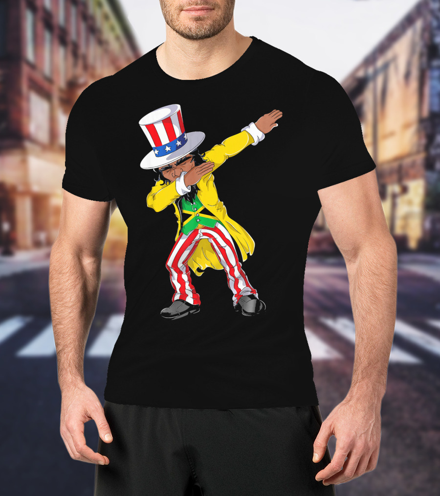 Uncle Sam Dabbing With Jamaican Flag And Red White Blue Hat In Yellow Coat T-Shirt