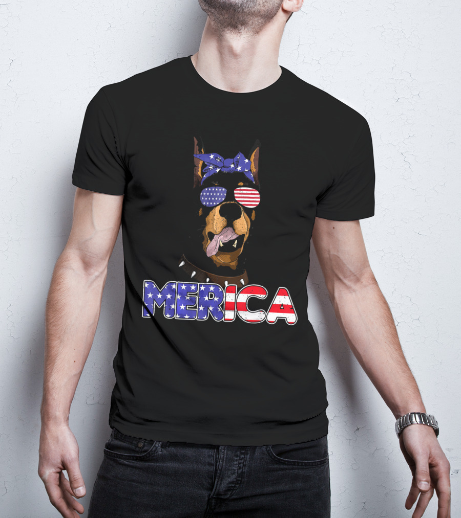 Patriotic Merica Doberman Pinscher With American Flag Bandana And Sunglasses T-Shirt