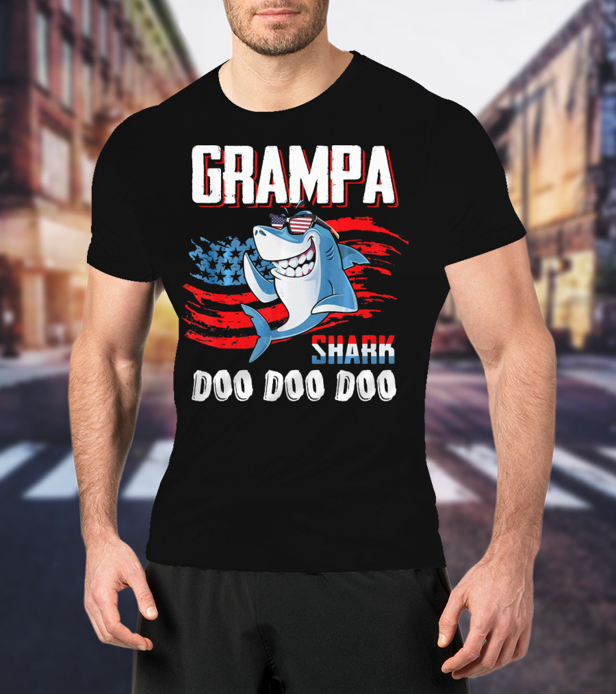Grampa Shark Doo Doo Doo American Flag Sunglasses T-Shirt