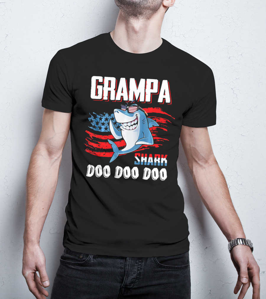 Grampa Shark Doo Doo Doo American Flag Sunglasses T-Shirt