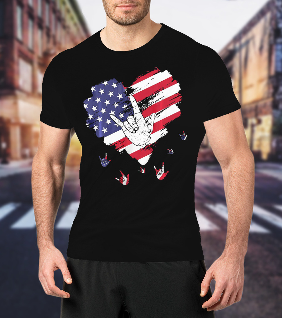 I Love You American Sign Language Hand Shape Heart With USA Flag Colors T-Shirt