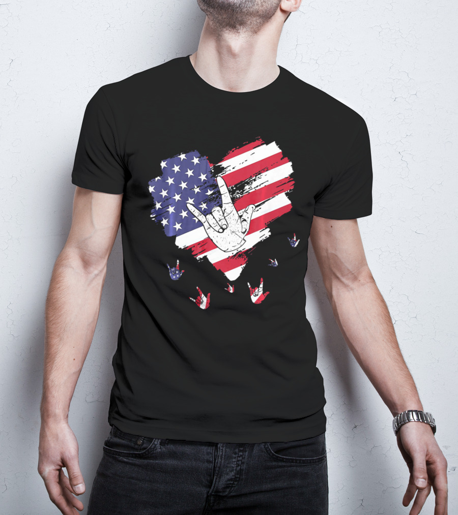 I Love You American Sign Language Hand Shape Heart With USA Flag Colors T-Shirt