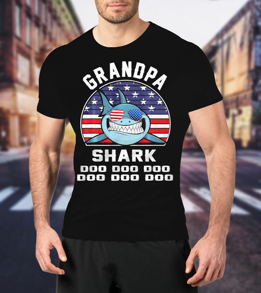 Grandpa Shark Doo Doo Doo American Flag Sunglasses T-Shirt