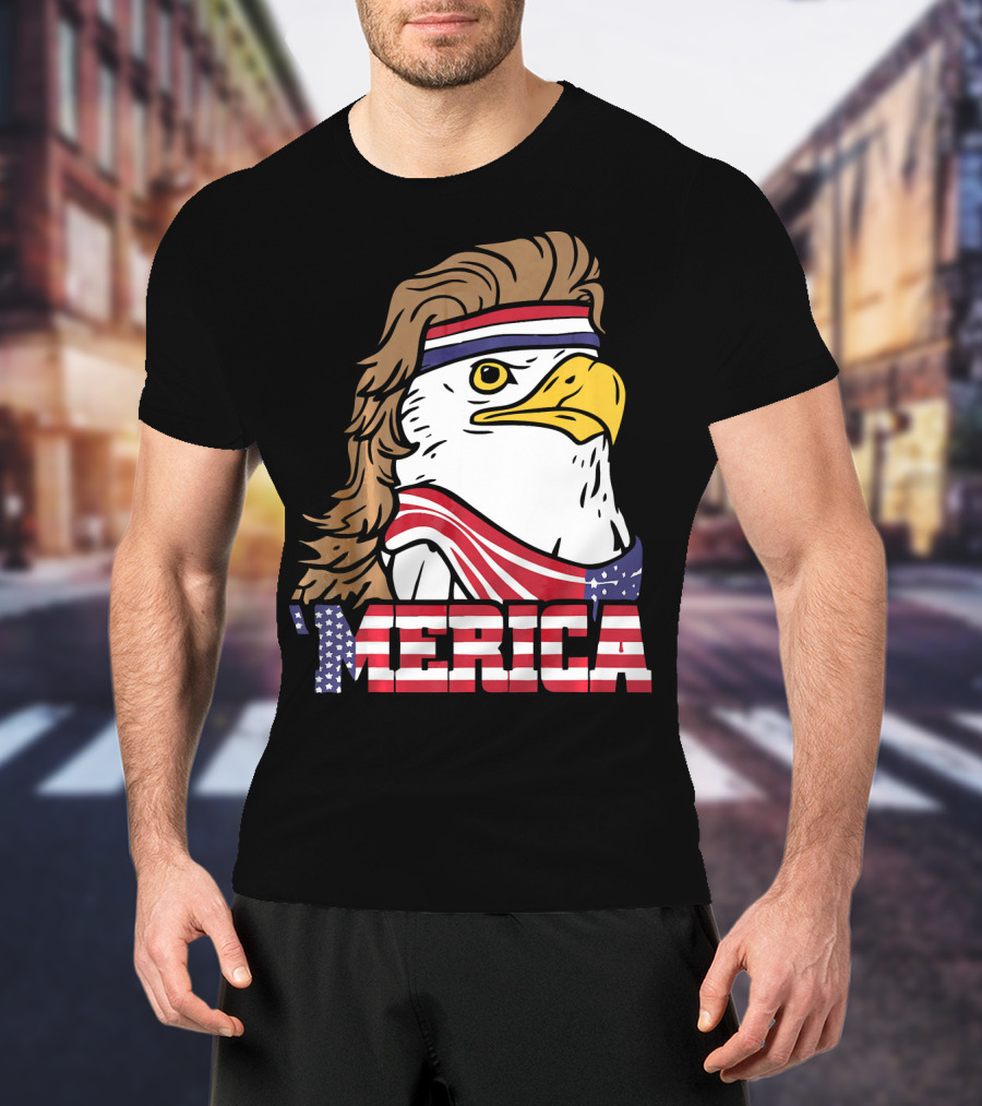 'Merica Bald Eagle Mullet Headband American Flag T-Shirt