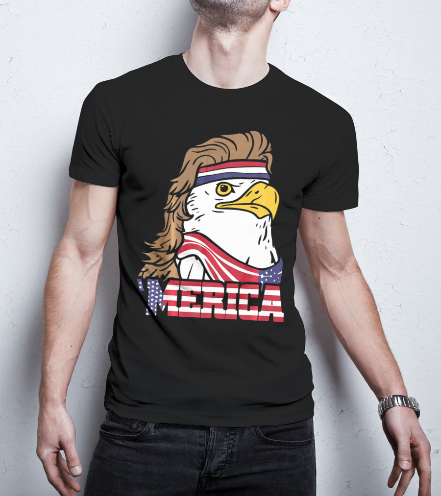 'Merica Bald Eagle Mullet Headband American Flag T-Shirt