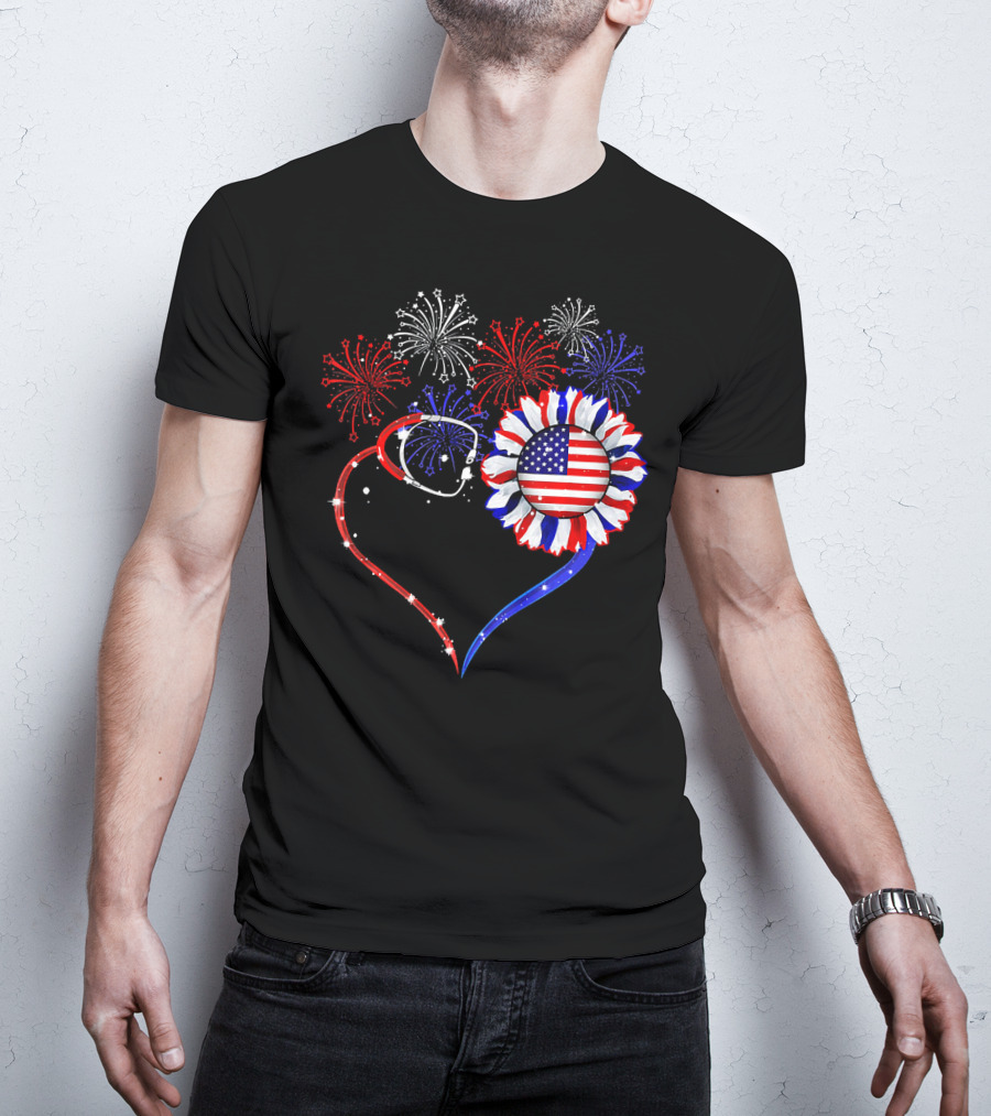 Nurse Heart Stethoscope Sunflower American Flag Fireworks T-Shirt