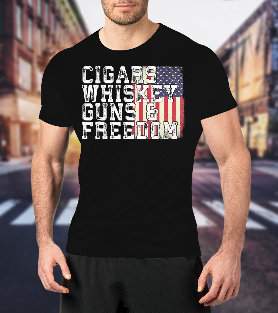 Cigars Whiskey Guns And Freedom American Flag T-Shirt
