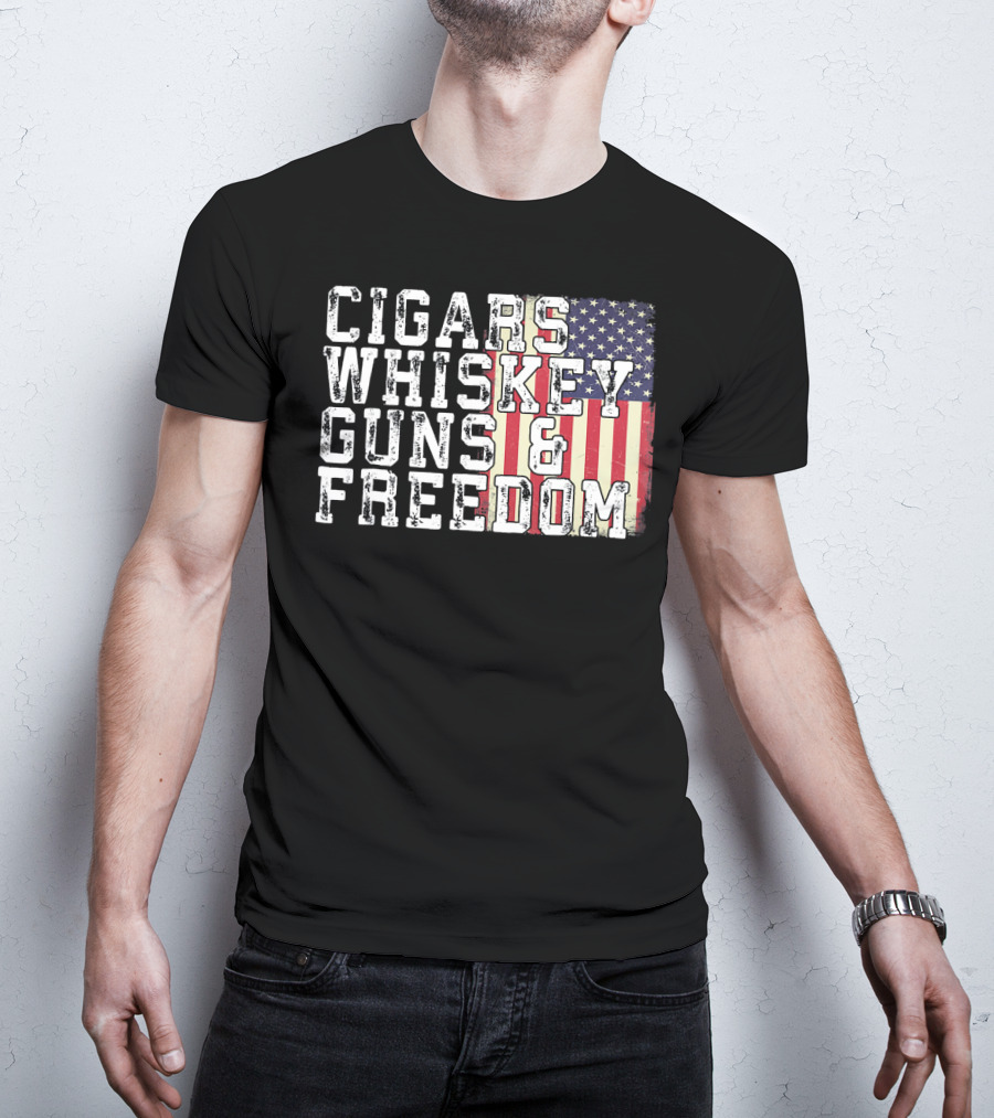 Cigars Whiskey Guns And Freedom American Flag T-Shirt