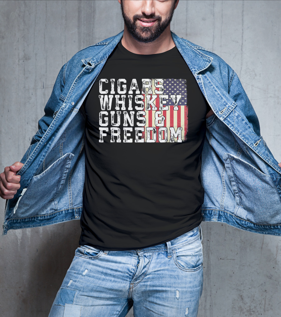 Cigars Whiskey Guns And Freedom American Flag T-Shirt