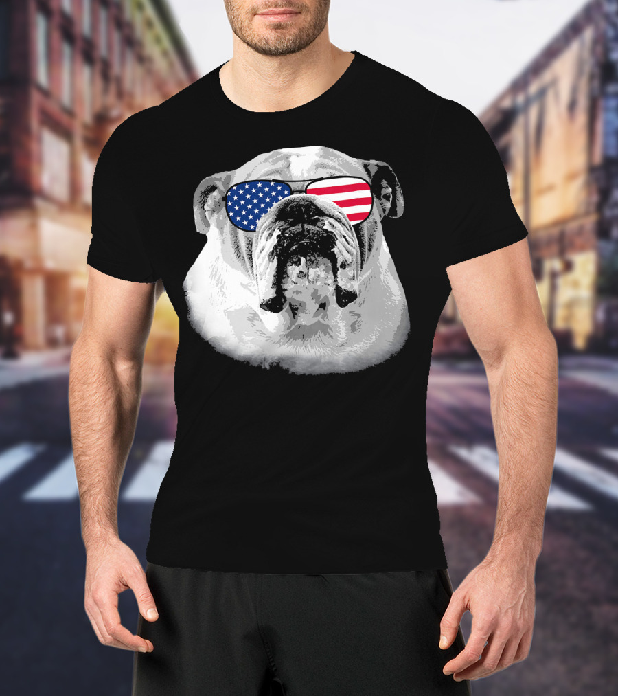 Patriotic Bulldog Dog Merica American Flag Sunglasses T-Shirt