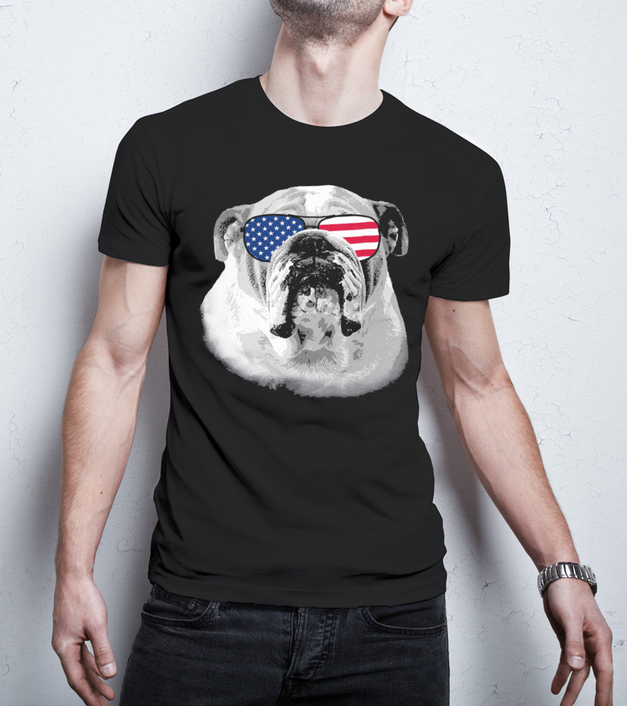 Patriotic Bulldog Dog Merica American Flag Sunglasses T-Shirt