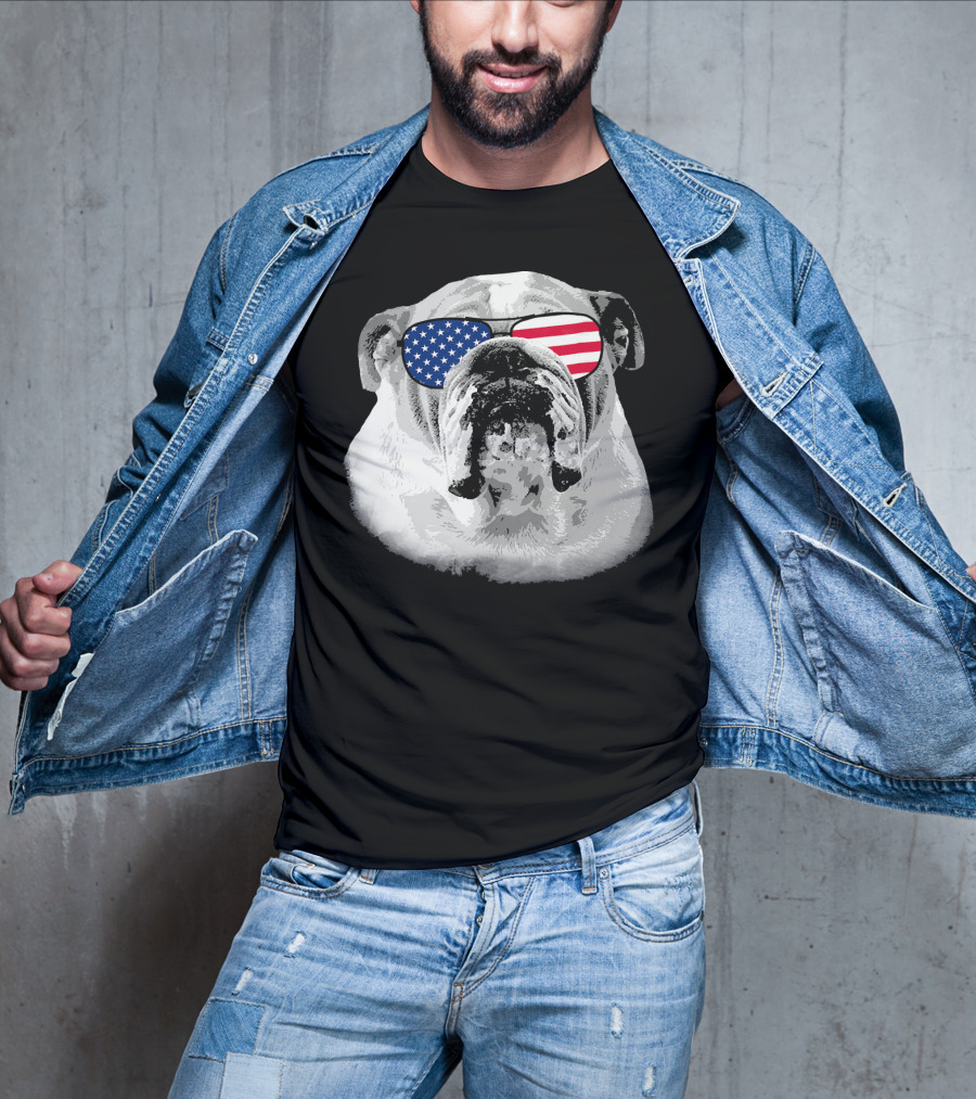 Patriotic Bulldog Dog Merica American Flag Sunglasses T-Shirt