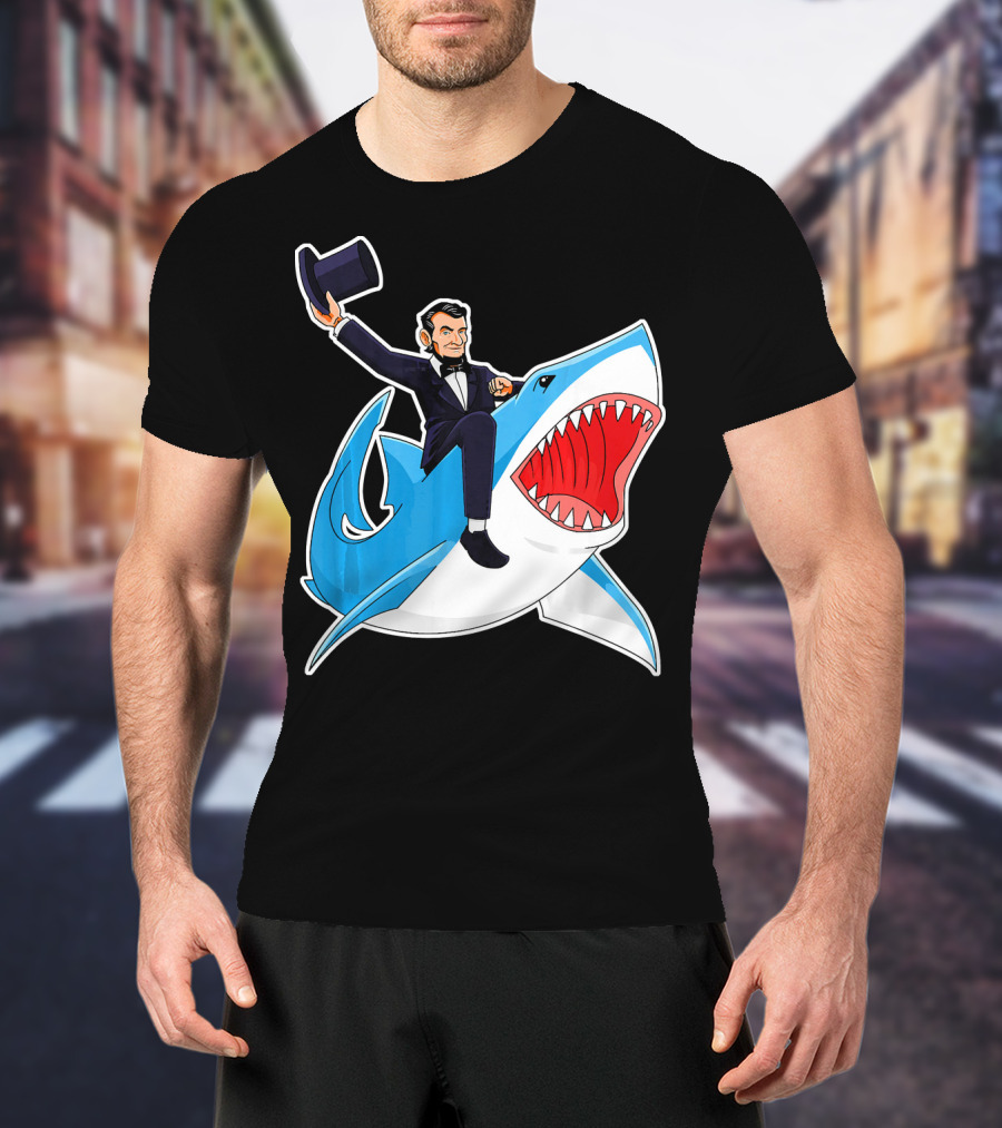 Abraham Lincoln Riding A Shark Waving Top Hat Adventure T-Shirt