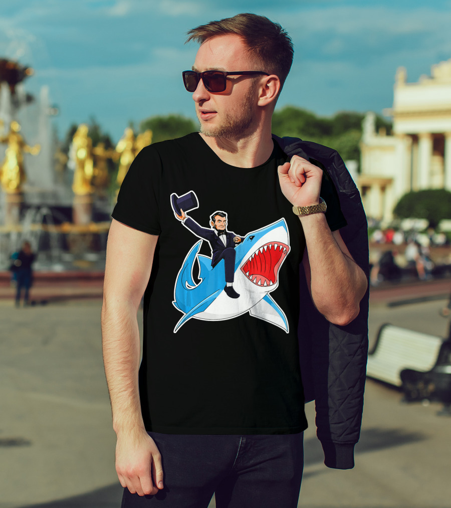 Abraham Lincoln Riding A Shark Waving Top Hat Adventure T-Shirt