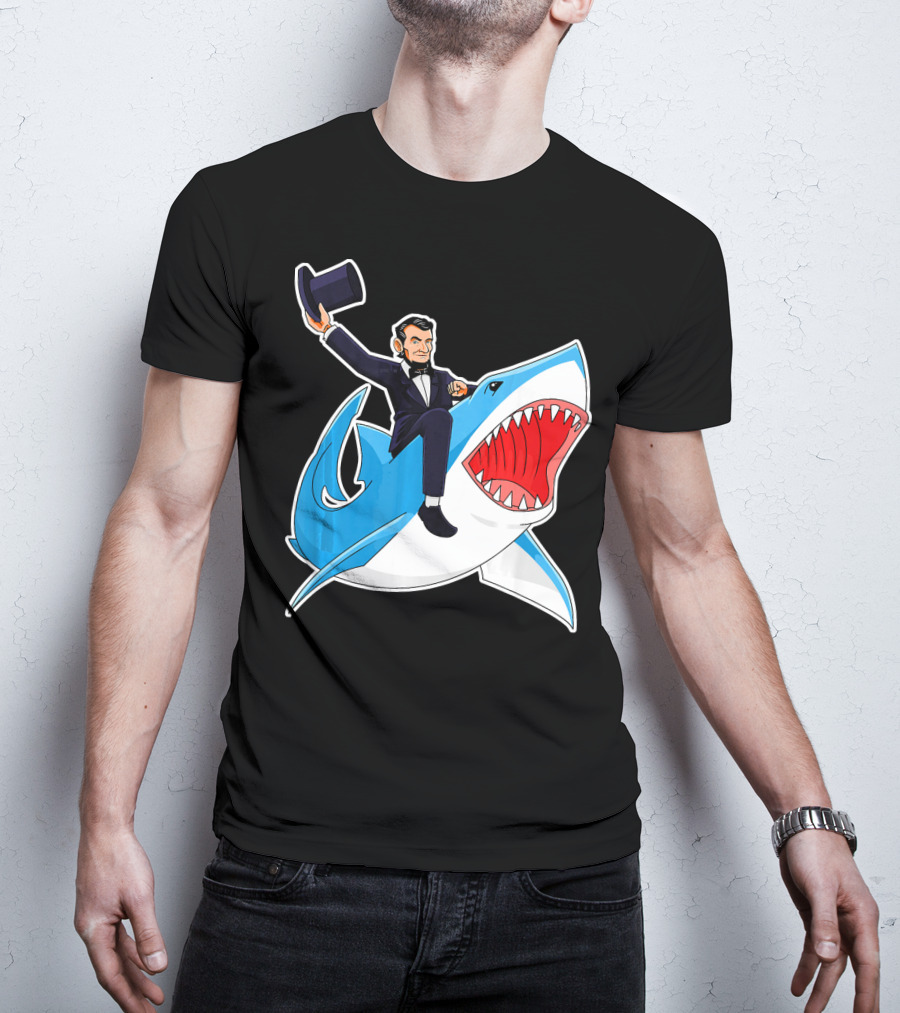 Abraham Lincoln Riding A Shark Waving Top Hat Adventure T-Shirt