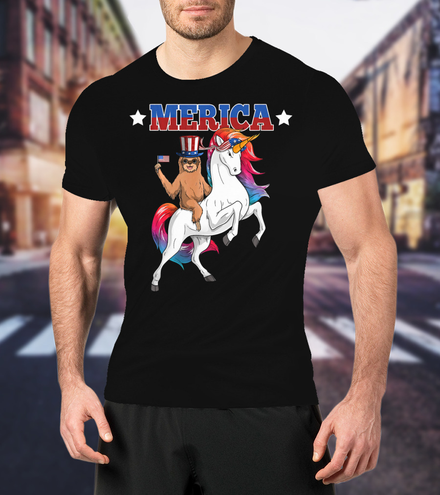 Merica Sloth Riding Patriotic Unicorn With USA American Flag T-Shirt
