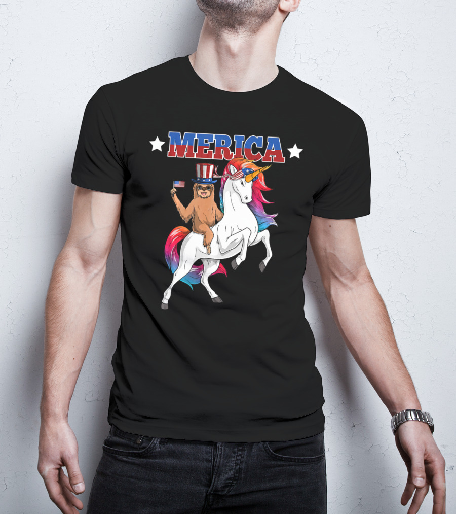 Merica Sloth Riding Patriotic Unicorn With USA American Flag T-Shirt