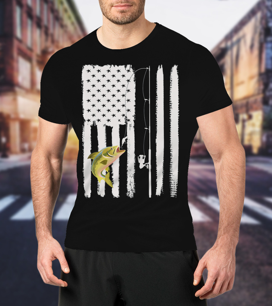 American Flag Fishing Pole With Fish USA Patriotic T-Shirt