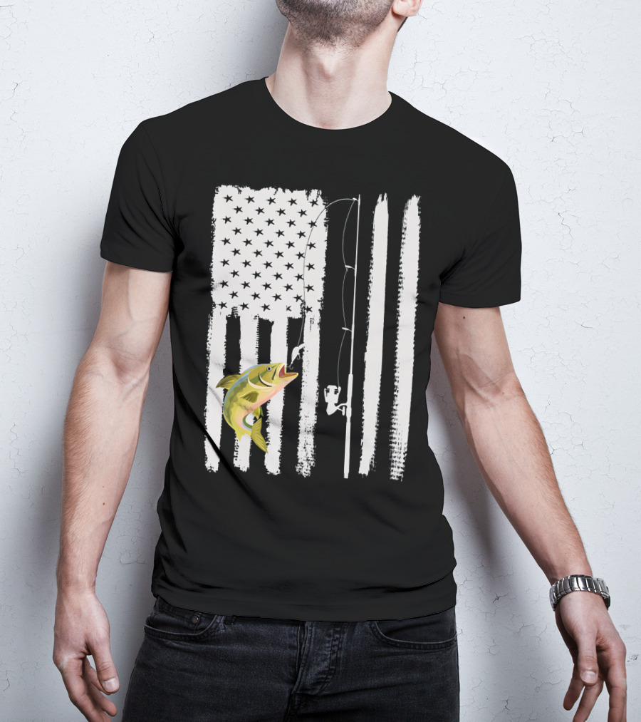 American Flag Fishing Pole With Fish USA Patriotic T-Shirt