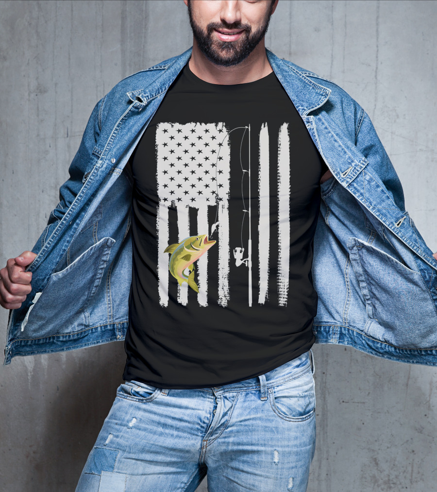 American Flag Fishing Pole With Fish USA Patriotic T-Shirt