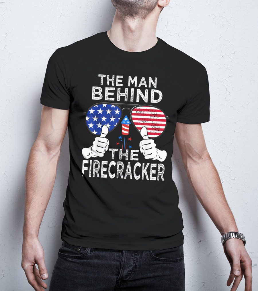The Man Behind The Firecracker Patriotic Sunglasses Stars Stripes T-Shirt