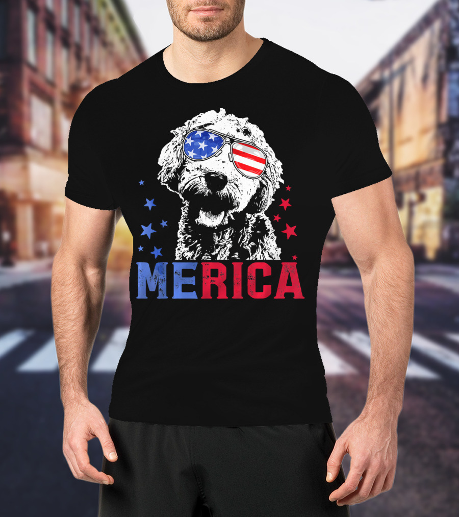 Merica Goldendoodle USA Flag Sunglasses Patriotic Stars T-Shirt