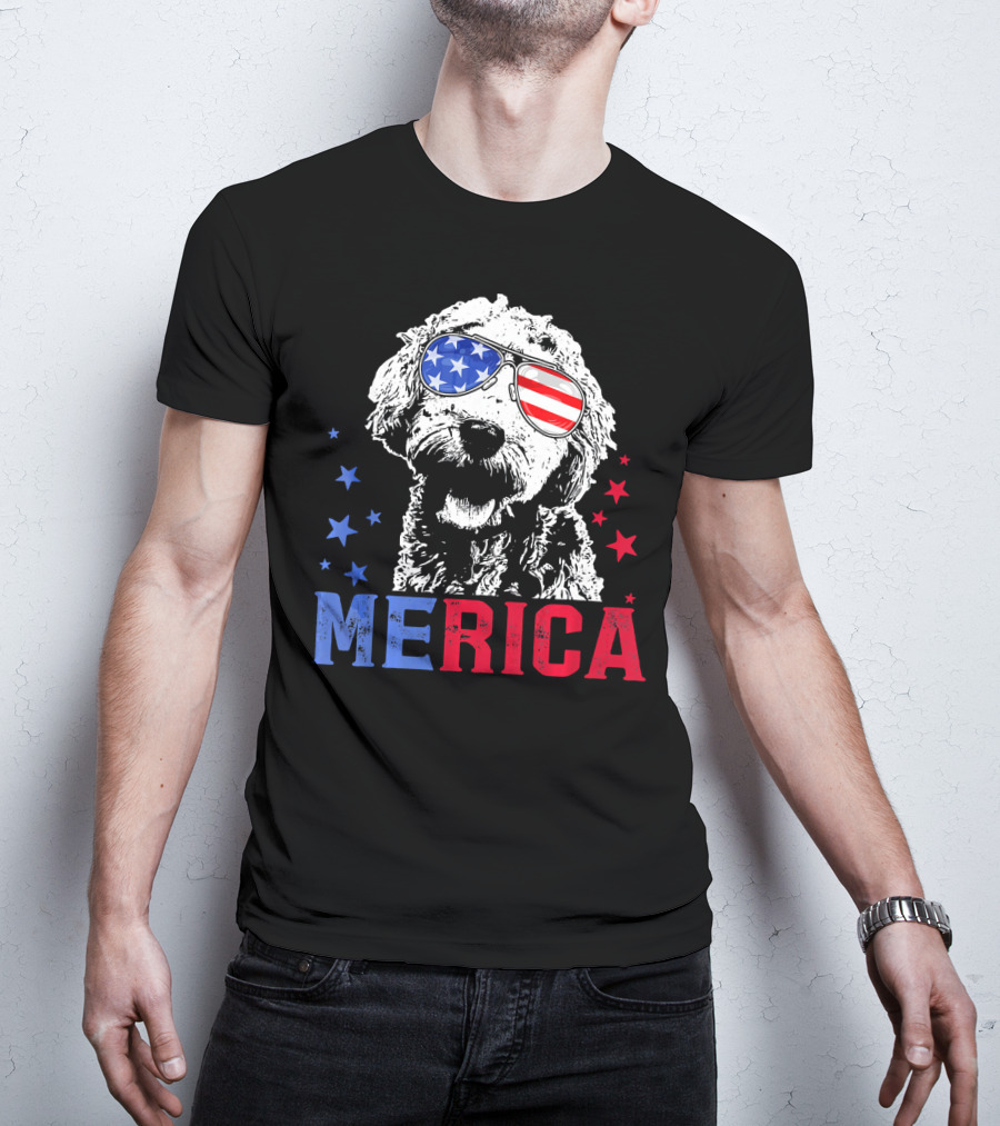 Merica Goldendoodle USA Flag Sunglasses Patriotic Stars T-Shirt