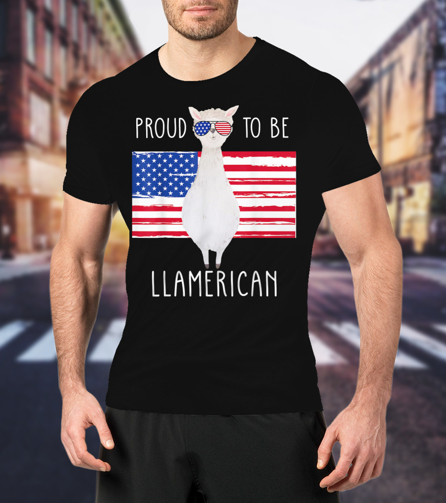Proud To Be Llamerican Funny Llama With American Flag Sunglasses T-Shirt