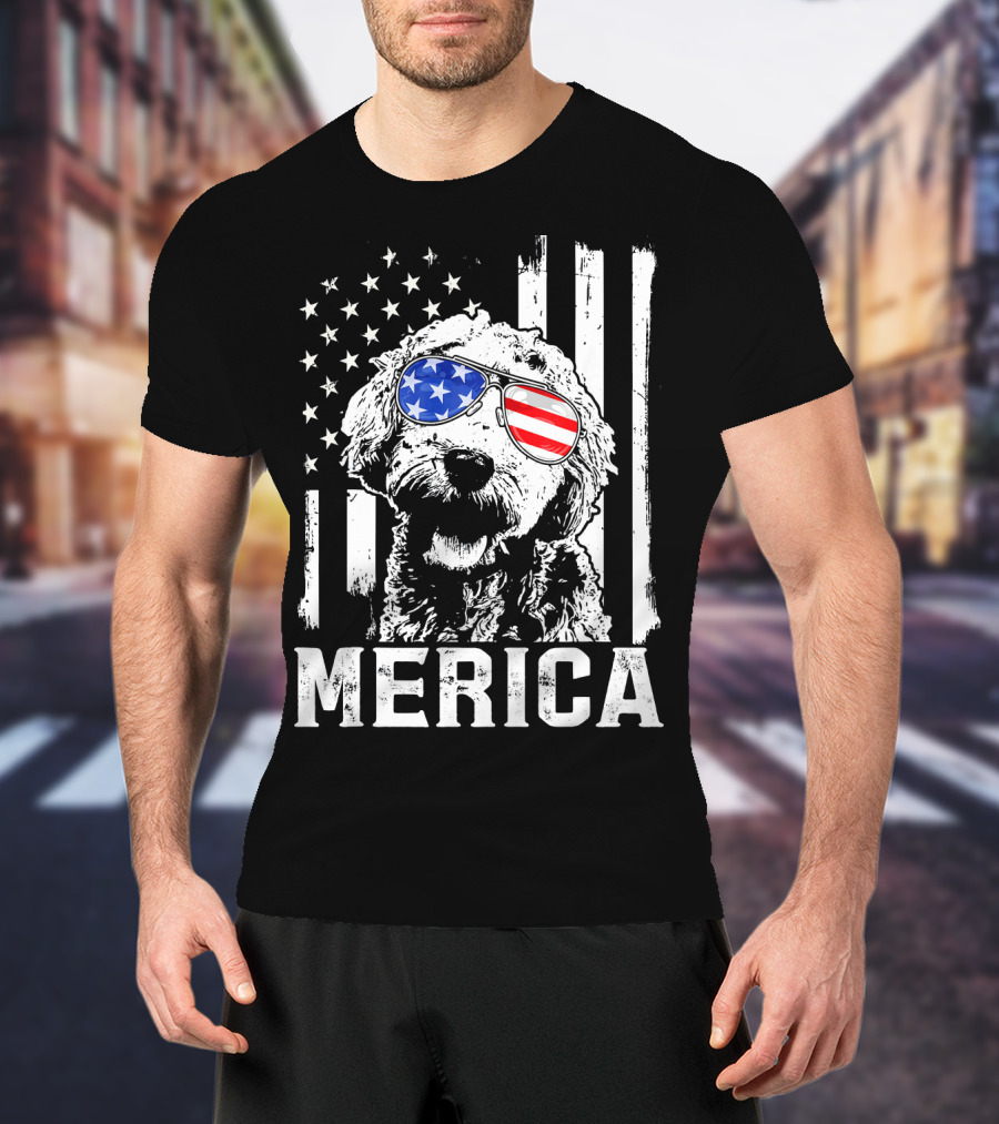 Merica Goldendoodle With American Flag Sunglasses And Stripes T-Shirt