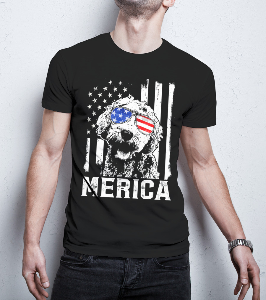 Merica Goldendoodle With American Flag Sunglasses And Stripes T-Shirt