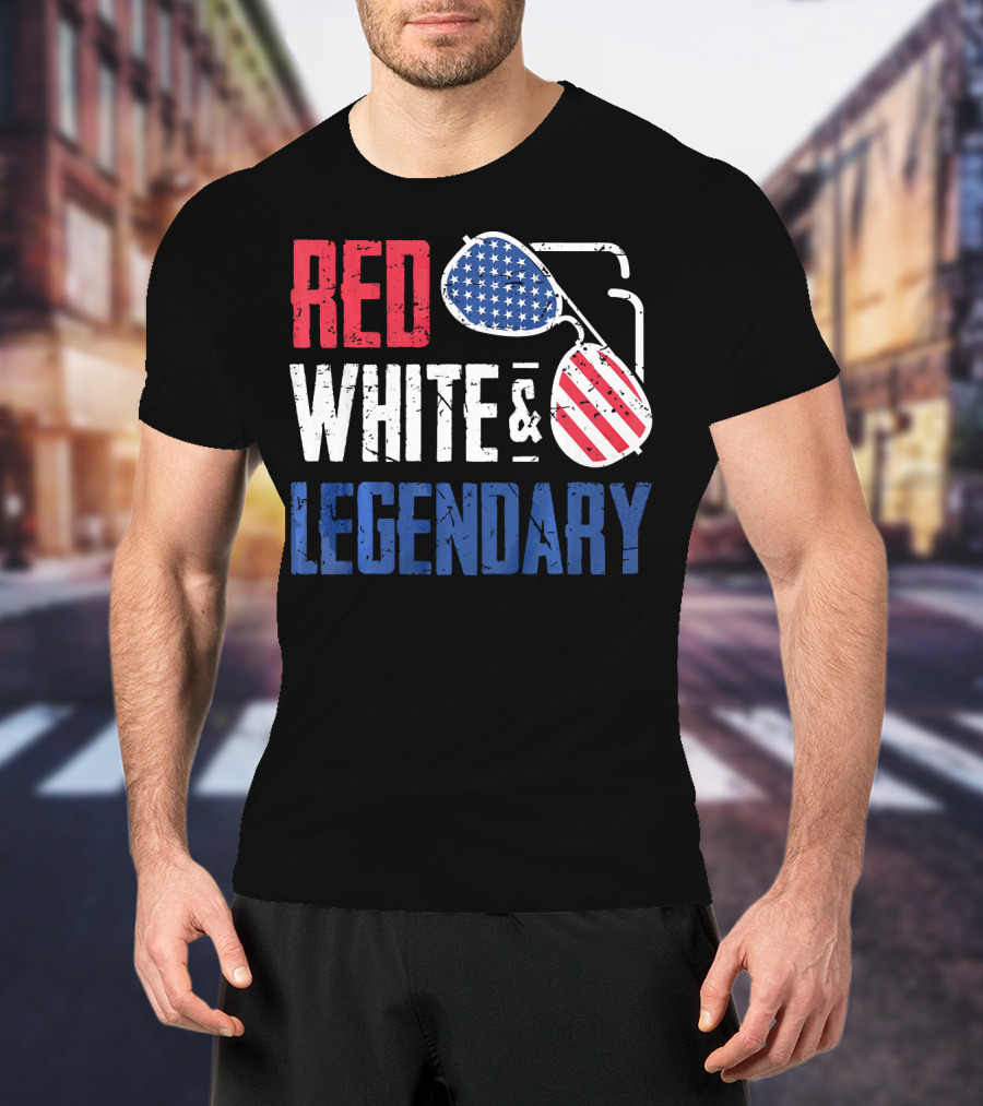 Red White And Legendary American Sunglasses USA Flag T-Shirt