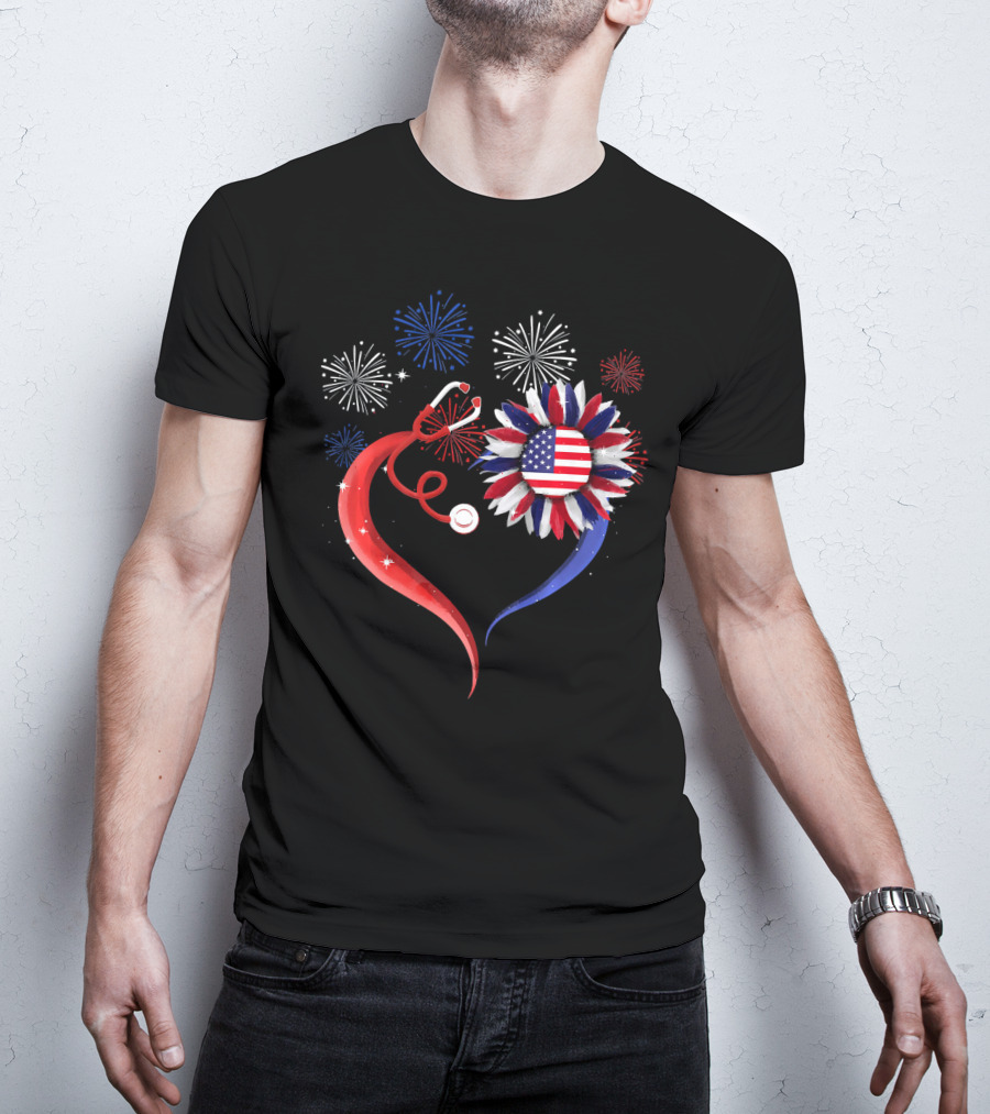 Heart Shaped Red Stethoscope Sunflower With USA Flag And Fireworks T-Shirt