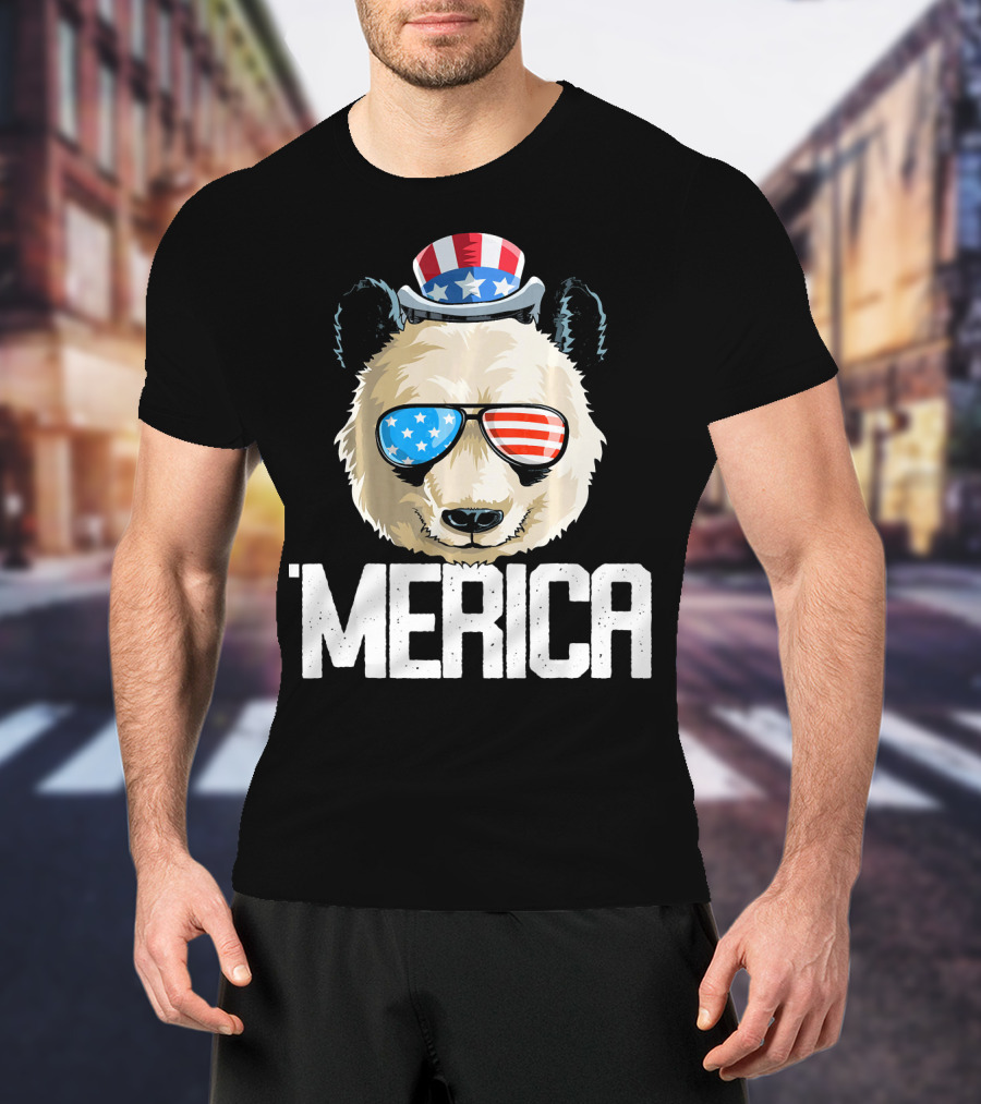 'Merica Panda With Patriotic Sunglasses And Uncle Sam Hat T-Shirt