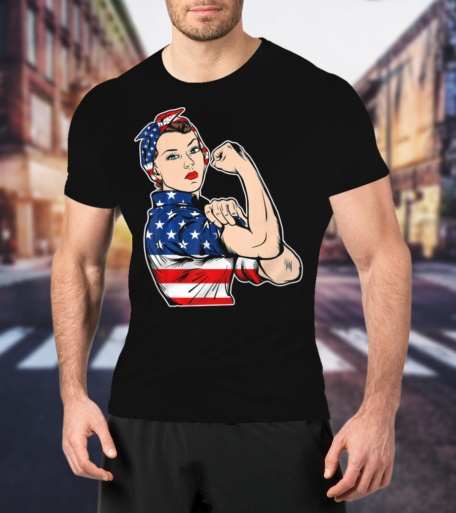 USA Flag Rosie The Riveter Bandana Feminist T-Shirt