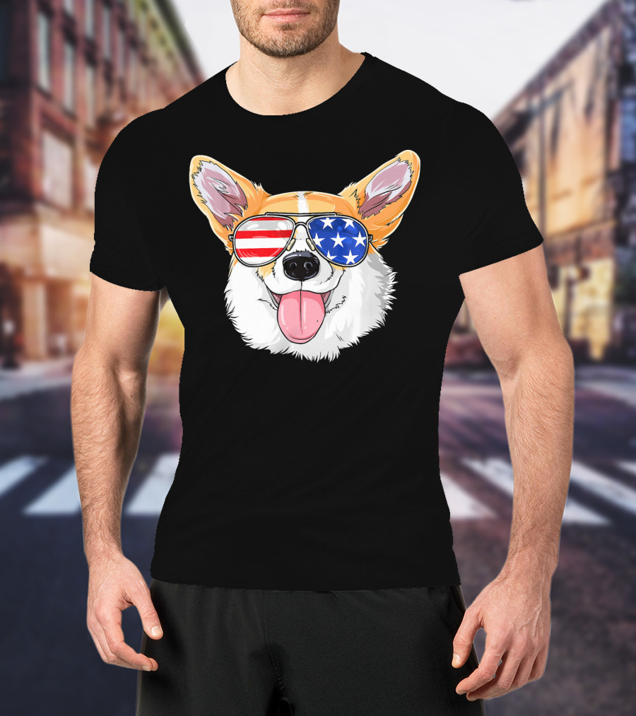 Patriotic Corgi With American Flag Sunglasses T-Shirt