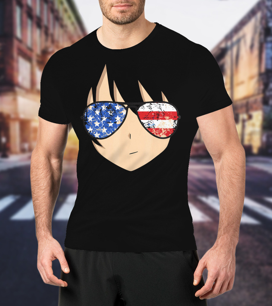 American Anime Face With Stars And Stripes USA Sunglasses T-Shirt