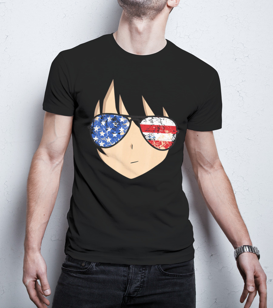 American Anime Face With Stars And Stripes USA Sunglasses T-Shirt
