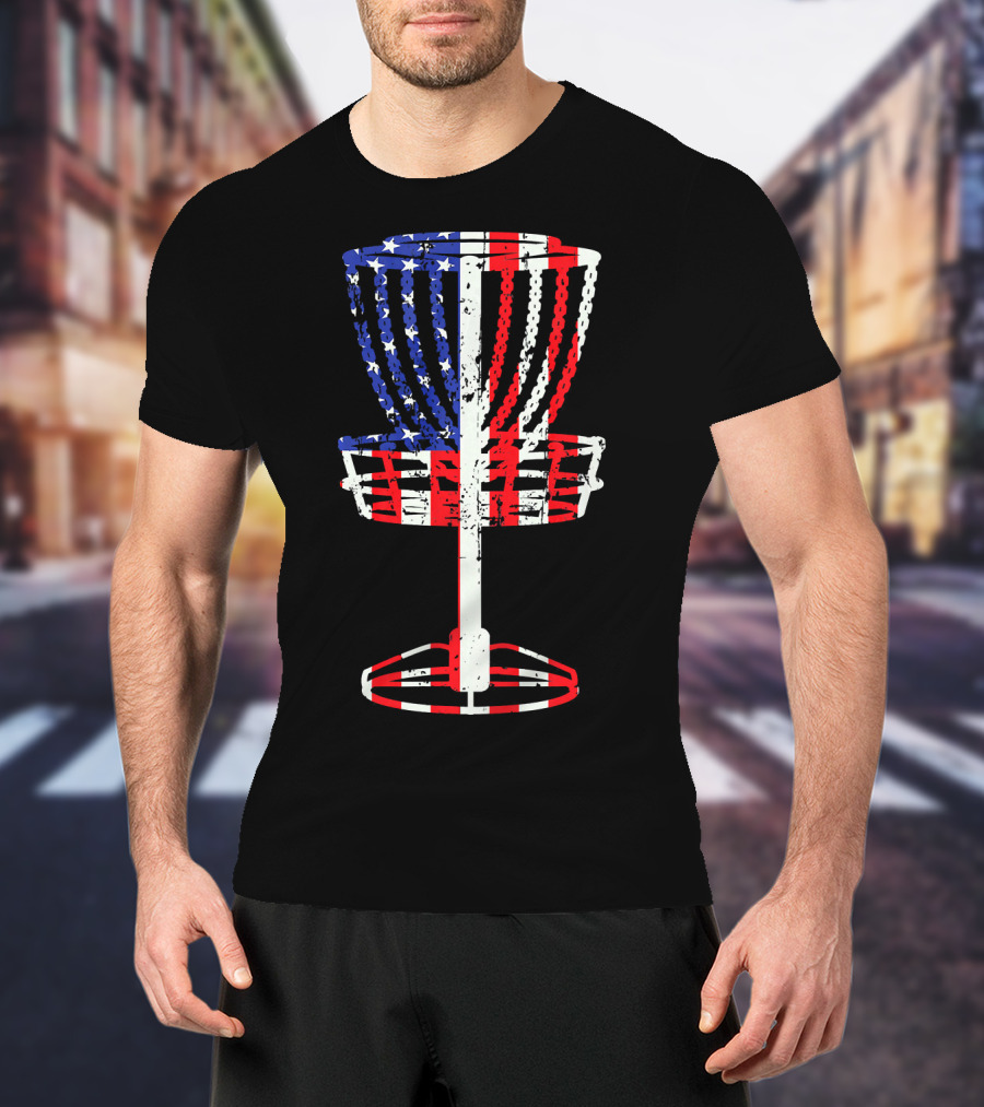 Patriotic USA Disc Golf Basket American Flag Frisbee Golfing T-Shirt