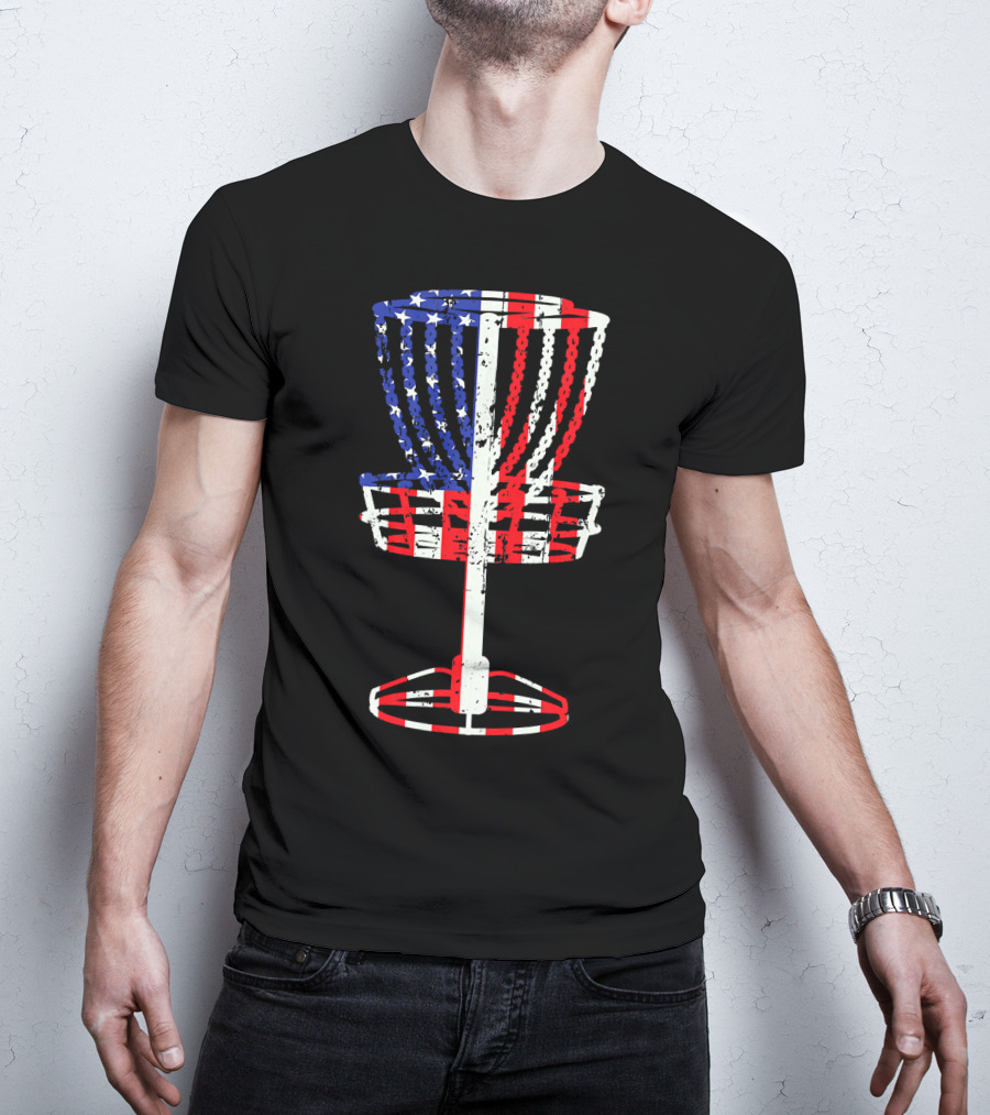 Patriotic USA Disc Golf Basket American Flag Frisbee Golfing T-Shirt