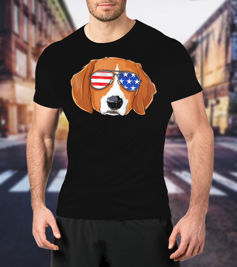 Beagle Wearing American Flag Sunglasses With Patriotic T-Shirt