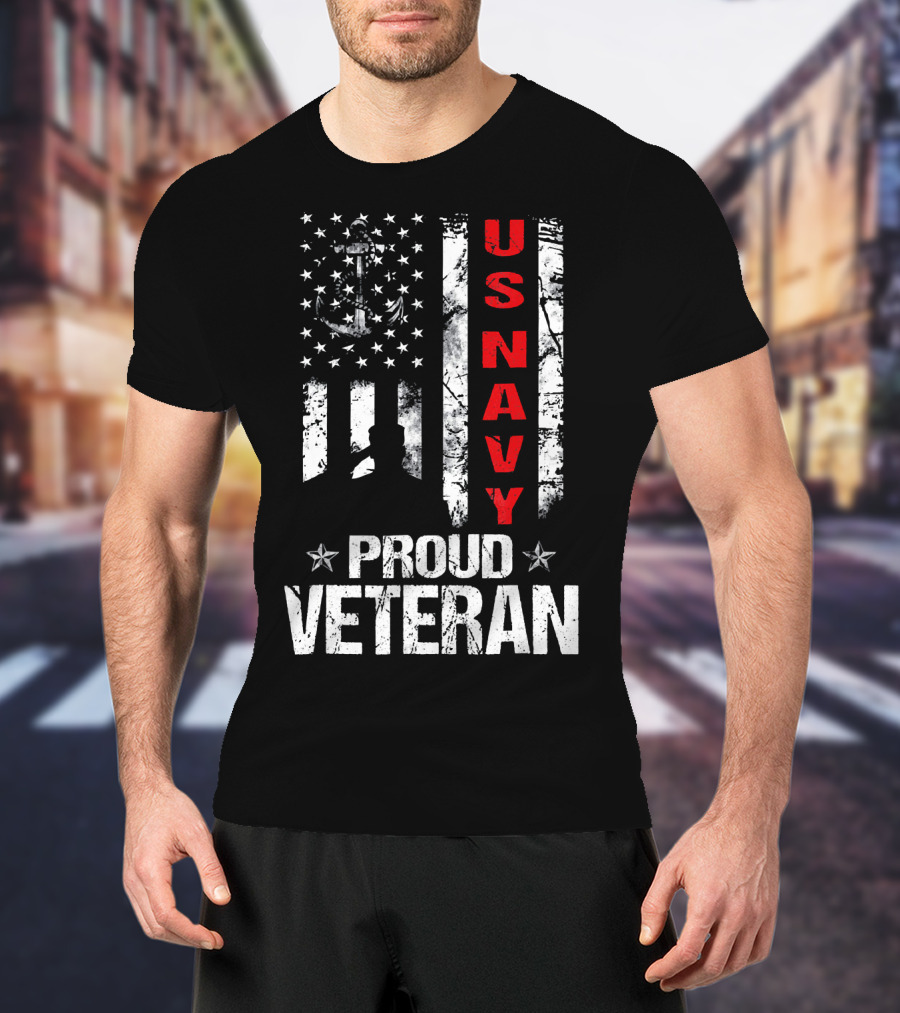 US Navy Proud Veteran Patriotic American Flag Anchor Stars T-Shirt