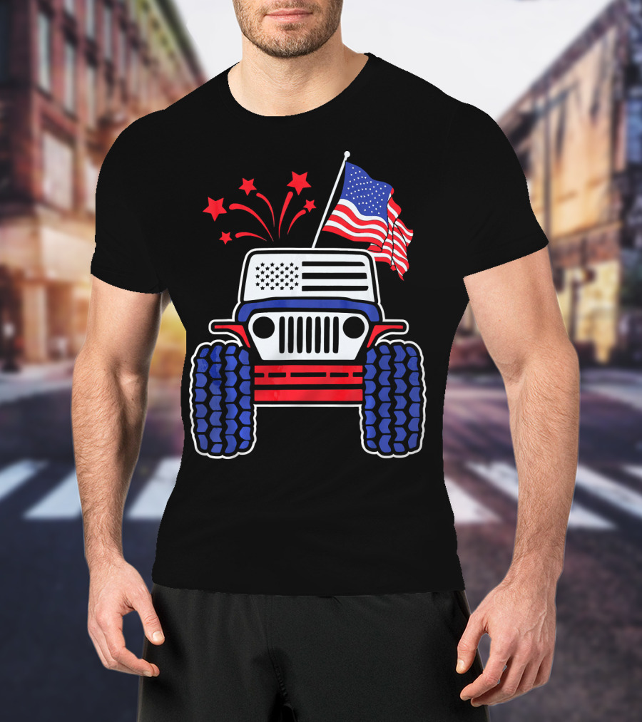 Jeep With Stars And Stripes American Flag Fireworks T-Shirt